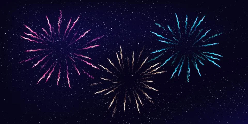 Three firework bursts on night sky background. Vector design element. Stock Illustration