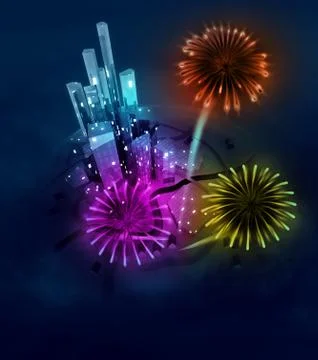Three firework explosions sabove modern city illustration Stock Illustration