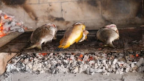 Three fish are baked on the grill Stock Footage 87647046