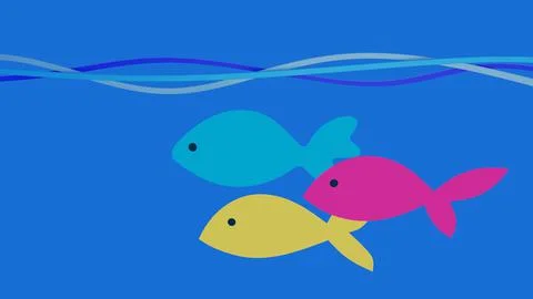 Three fish of different colors, swim underwater in 3d space, blue background. Stock Illustration