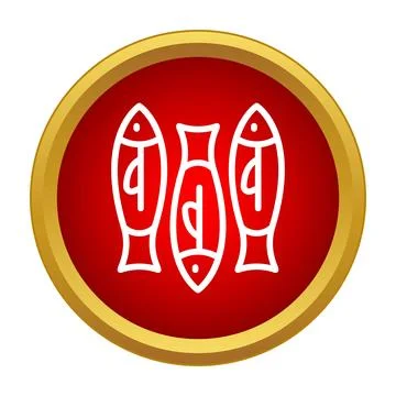 Three fish icon on a red circle with gold border Stock Illustration