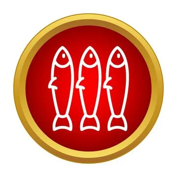 Three fish outline line icon in red circle Stock Illustration