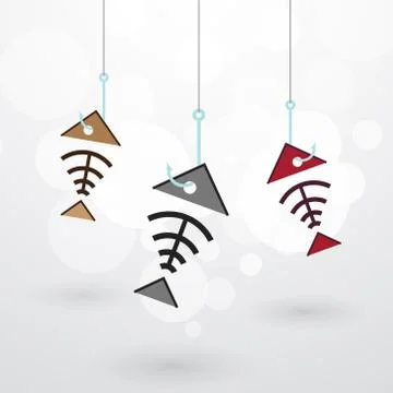 Three fish skeleton on the hook with bubbles on the background Illustrazione stock