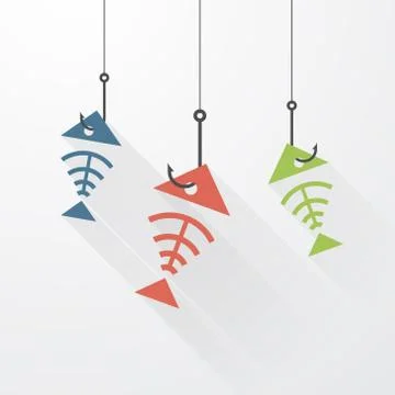 Three fish skeleton on the hook with long shadows Stock Illustration