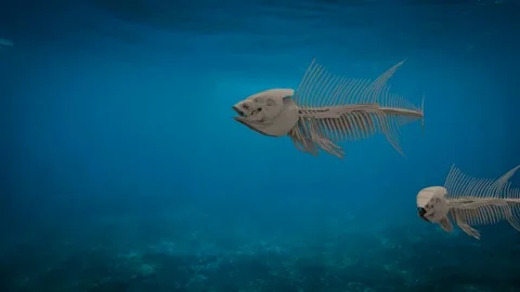 Three fish skeletons swimming under the sea, 3d animation Stock Footage 149139324