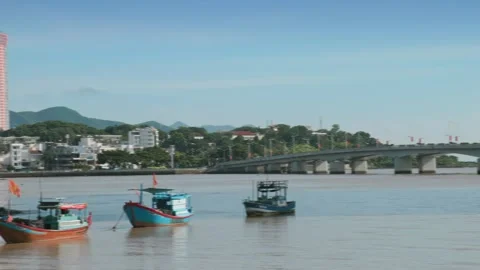 Three fishing boats float on the Cai River in Nha Trang, Vietnam. Stock Footage 333936174