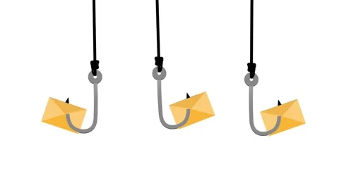 Three fishing hooks with yellow mail envelopes swinging on a white background, Stock Footage 336724054