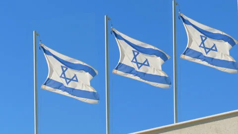 Three flag of Israel fluttering in a wind Stock Footage 95857341