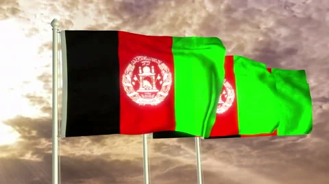 Three flags of Afghanistan waving in the wind (4K) Video stock 57128010