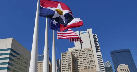 Three flags and Downtown Dallas skyline Video stock 61308071