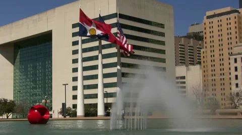 Three Flags Dallas City Hall  Water Fountain Video stock 36565997