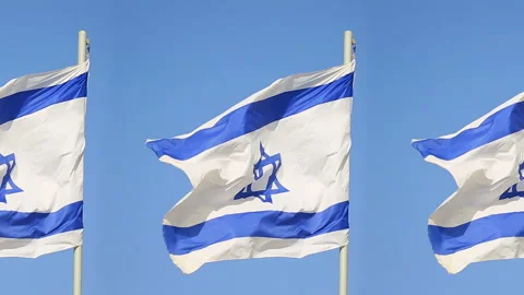 Three flags of Israel flapping on masts in a wind Stock Footage 96740097