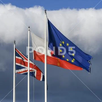 Three flags in a row, Union Flag, Flag of Gibraltar, European Flag,Gibraltar Stock Photos