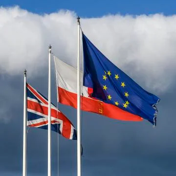 Three flags in a row, Union Flag, Flag of Gibraltar, European Flag,Gibraltar Stock Photos