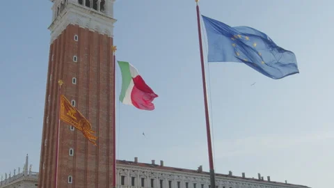 Three Flags with St Mark's Campanile Venice, Italy.(San Marco,Venezia,Italia) 4k Stock-Footage 152995124