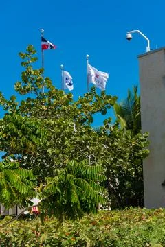 Three flags wave under clear blue sky Stock Photos