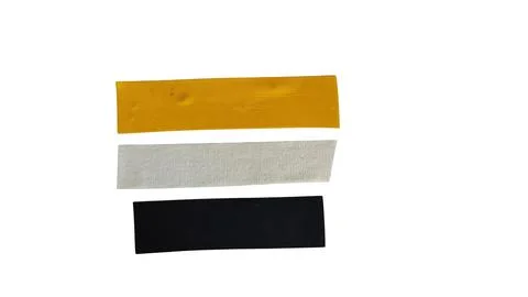 Three flat colored material strips in yellow, gray, and black Stock Photos