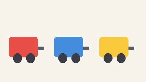 Three flat design cargo trucks in red blue yellow moving forward Stock Illustration