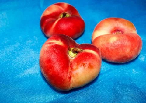 Three flat peaches on the table on a soft blue background. Stock Photos