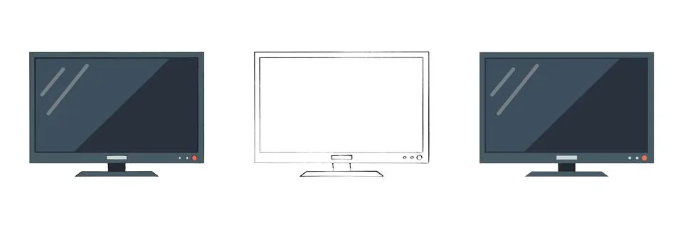 Three flat screen TVs and monitors on a white background Stock Illustration