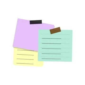 Three flat sticky notes, purple, light blue, and yellow, with tape, isolate.. Stock Illustration