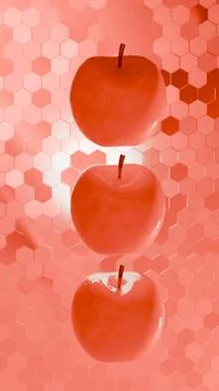 Three floating apples aligned on coral red digital hex grid.... イラスト素材