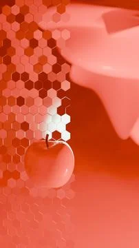 Three floating apples aligned on coral red digital hex grid.... Stock Illustration