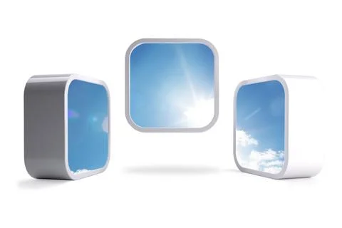 Three floating rounded rectangle blocks showing sky scenes in flat minimalist Illustrazione stock
