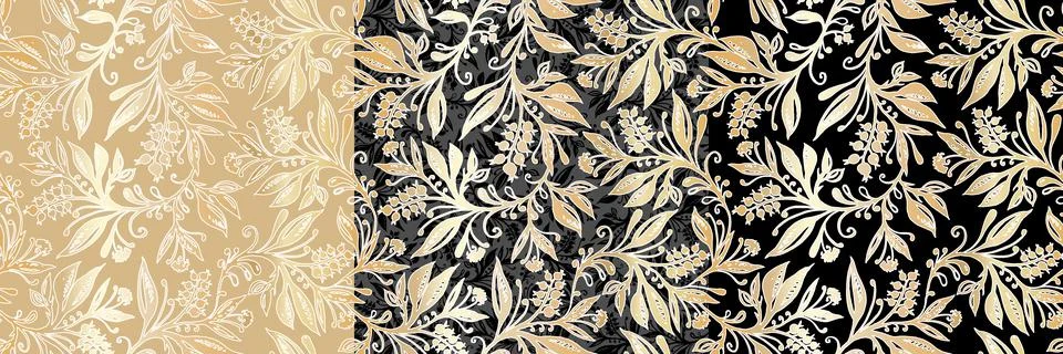 Three Floral seamless patterns with abstract leaves and berries in gold, black Stock Illustration