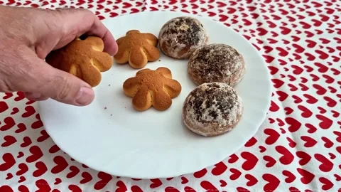 Three Flower Cakes and Three Cocoa Pastries on Heart Pattern Tablecloth 動画素材 333894660