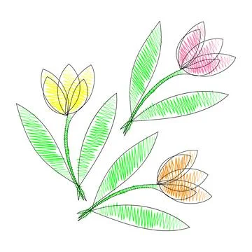 Three flowers in doodle style, outlined with a single line. White background Stock Illustration