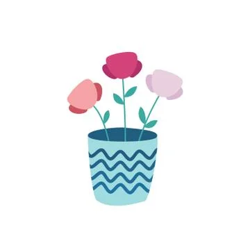 Three flowers in a pot isolated on white background. Stock Illustration