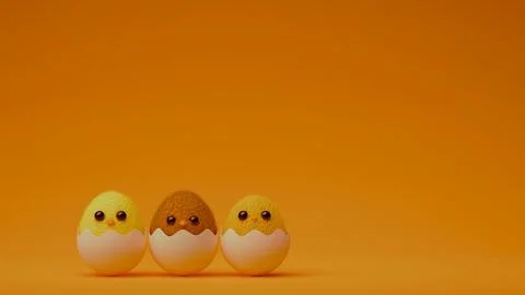 Three fluffy chicks peeking from cracked eggshells.... Illustrazione stock