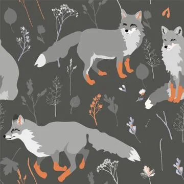 Three fluffy foxes iin red socks on a grey background seamless vector illustr Stock Illustration
