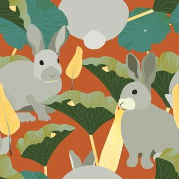 Three fluffy grey rabbits surround large green leaves on a tender blue backgr Stock Illustration