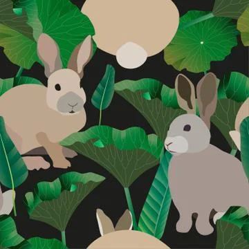 Three fluffy grey rabbits surround large green leaves on a tender blue backgr Stock Illustration
