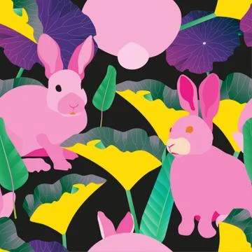 Three fluffy grey rabbits surround large green leaves on a tender blue backgr Stock Illustration