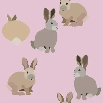 Three fluffy grey rabbits on a tender pink background seamless vector illustr Stock Illustration