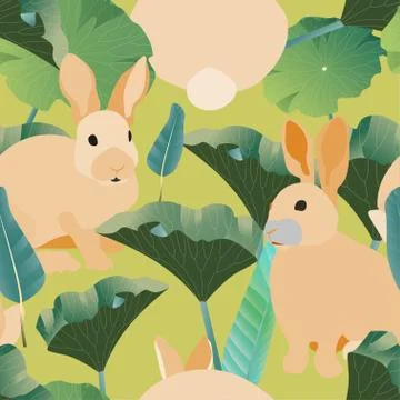 Three fluffy orange rabbits surround large green leaves on a light-green back Stock Illustration