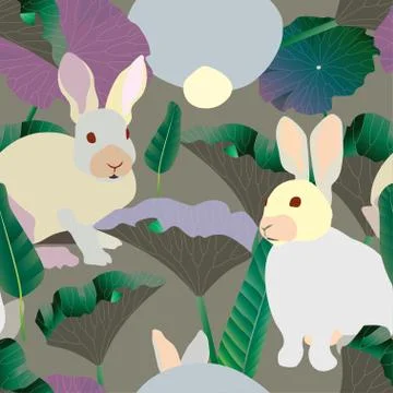 Three fluffy white rabbits surround large green and lilac leaves on a grey ba Stock Illustration