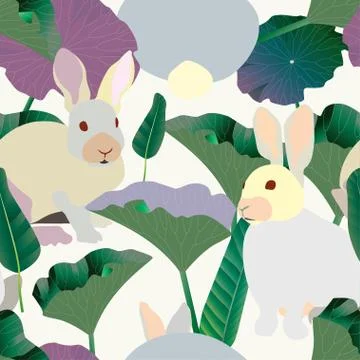 Three fluffy white rabbits surround large green and lilac leaves on a grey ba Stock Illustration