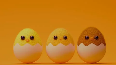 Three fluffy yellow chicks hatching from eggshells.... Stock Illustration