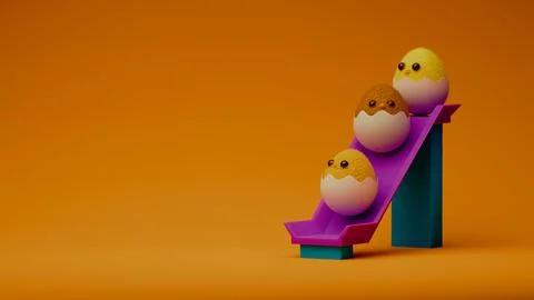 Three fluffy yellow chicks sliding down a purple slide.... Illustrazione stock