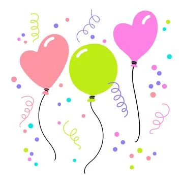 Three flying balloons set. Vector hand drawn illustration. Heart and round .. Stock Illustration