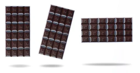 Three flying bars of dark chocolate isolated Stock Photos