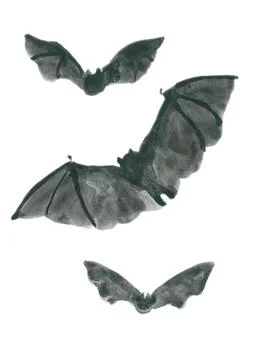 Three flying bats of different sizes, painted with ink in grayscale Stock Illustration