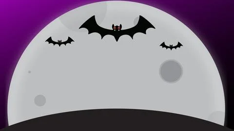 Three flying bats with glowing red eyes over full moon on purple night sky .. Stock Illustration