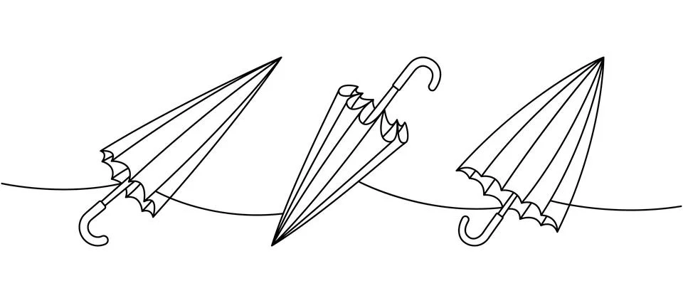 Three folded umbrellas outlined on a curved line. Minimal modern vector symbols Stock Illustration