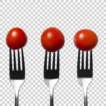 Three forks, each with a single cherry tomato impaled on its tines, Stock Photos