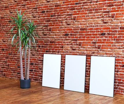 Three frame mock up on red brick wall with wooden floor and indoor palm pla.. Illustrazione stock